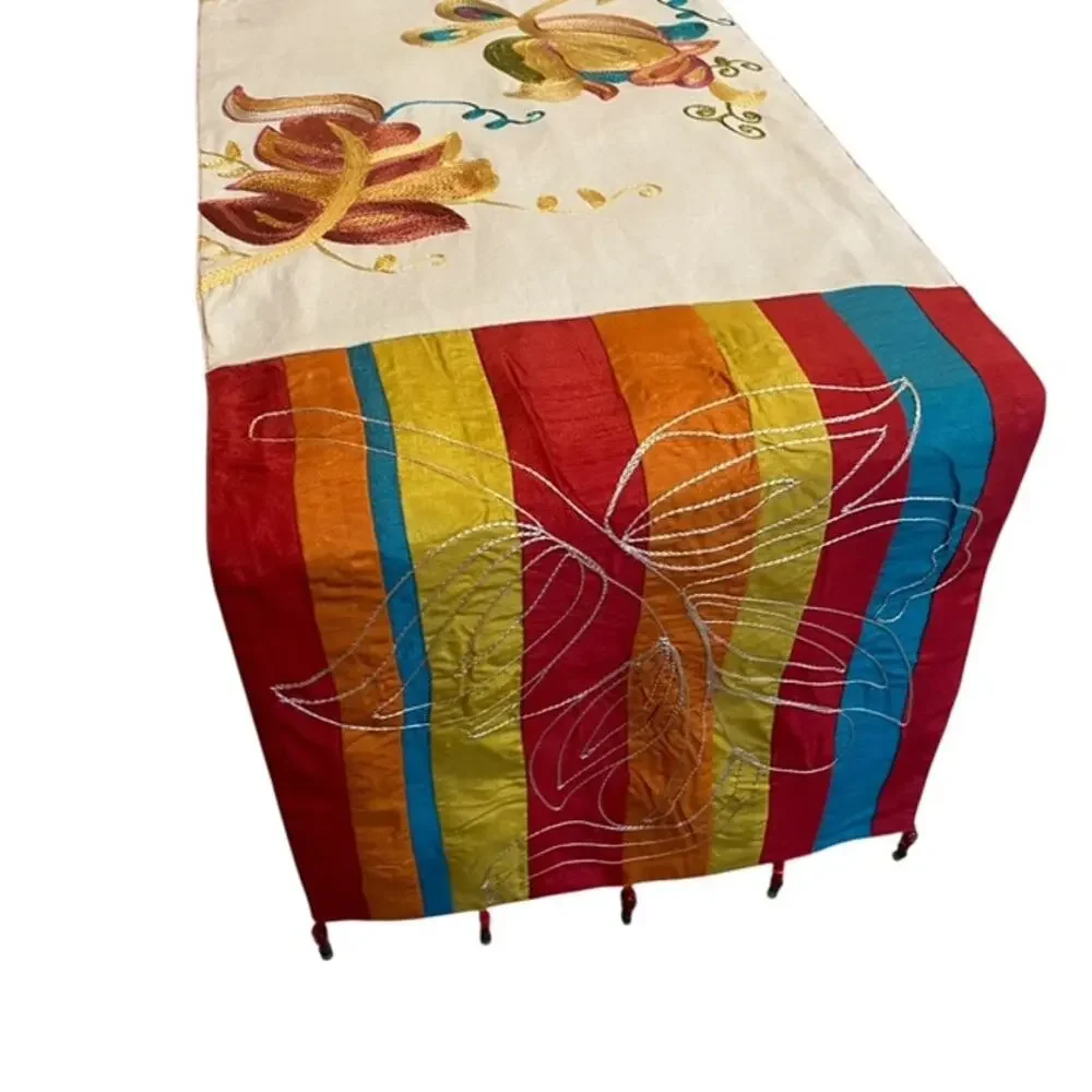 Sole Colorful Floral Embroidery w/ Stripes and Beaded Embellishment Table Runner
